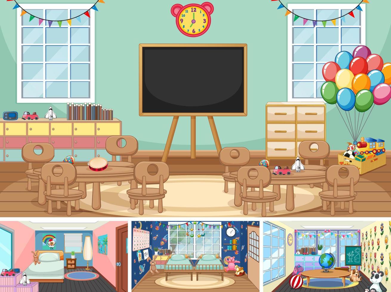 Set of different kindergarten classroom scenes vector