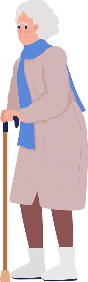 Worried old woman with walking stick semi flat color vector character