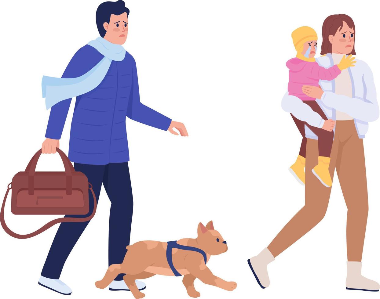 Ukrainian family escape war semi flat color vector characters