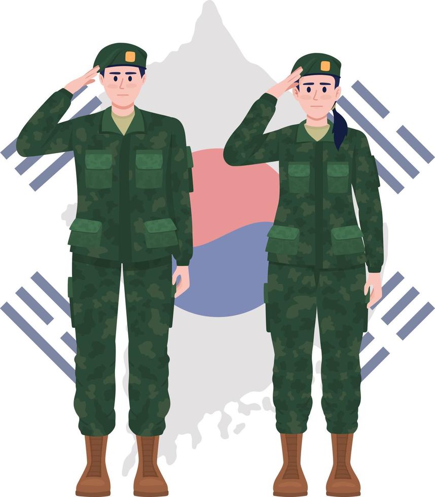 Korean soldiers and map 2D vector isolated illustration