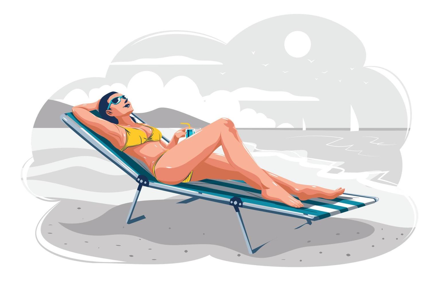 chica en bikini tomando el sol en el concepto de playa de verano vector