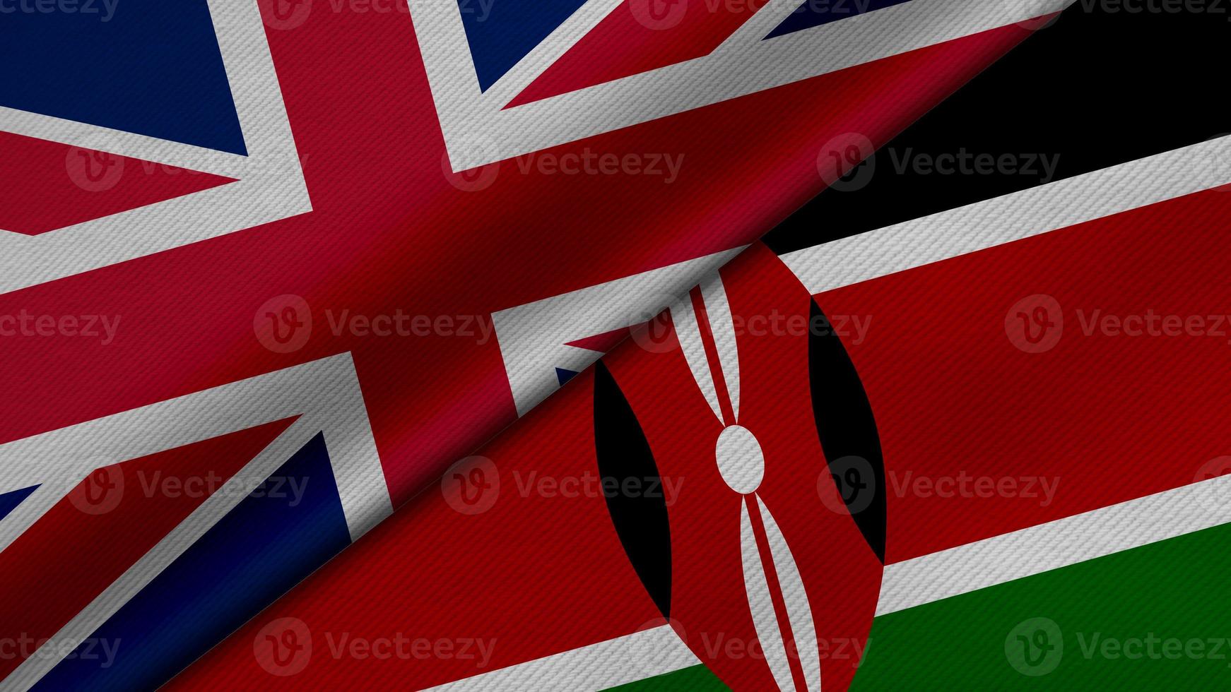 3D Rendering of two flags from United Kingdom or Britain and Republic of Kenya together with fabric texture, bilateral relations, peace and conflict between countries, great for background photo