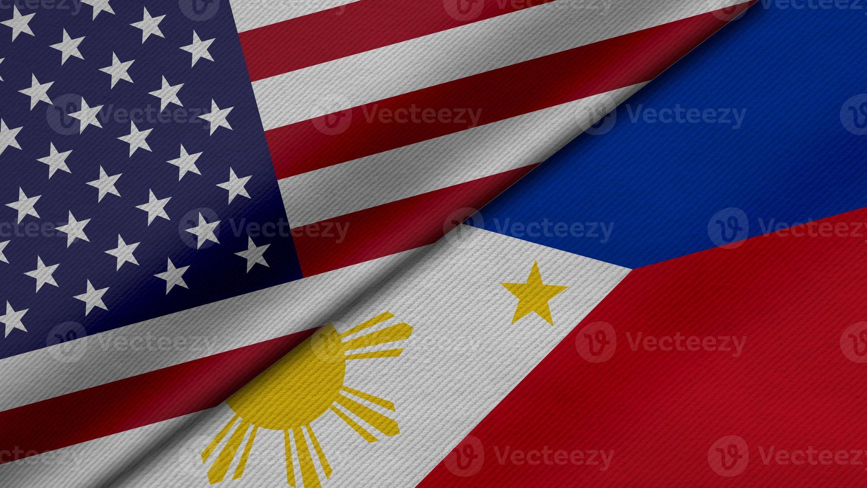 Representación 3d de dos banderas de los estados unidos de américa y la república de filipinas junto con textura de tela, relaciones bilaterales, paz y conflicto entre países, genial para el fondo foto