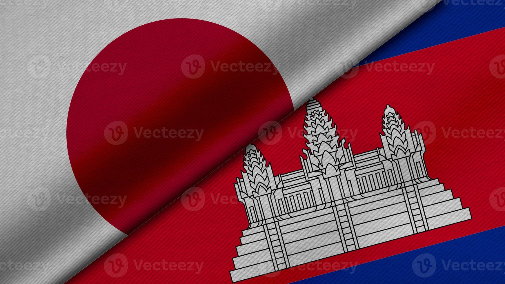 3D Rendering of two flags from  Japan and Kingdom of Cambodia together with fabric texture, bilateral relations, peace and conflict between countries, great for background photo