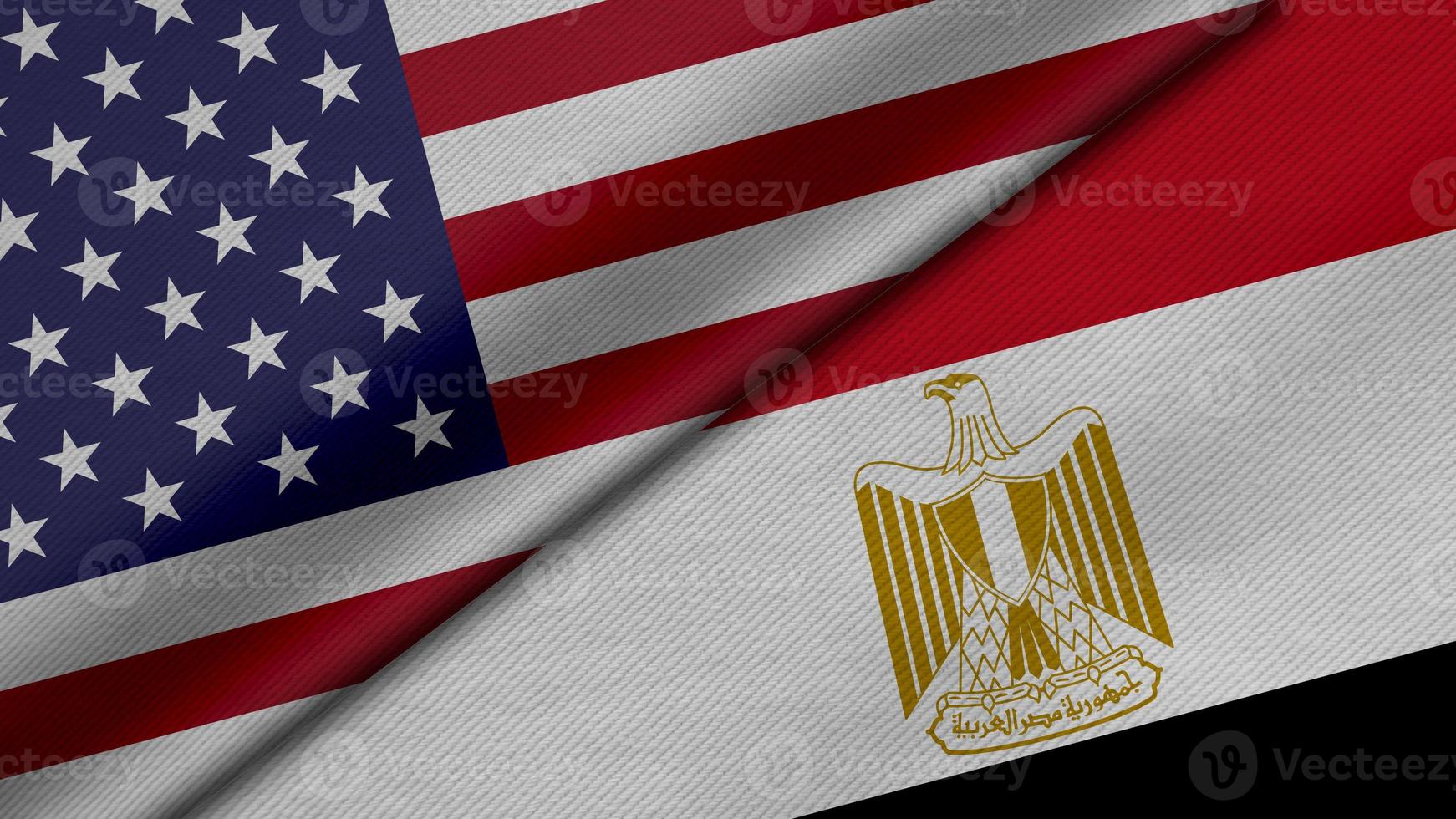 3D Rendering of two flags from United States of America and  Arab Republic of Egypt together with fabric texture, bilateral relations, peace and conflict between countries, great for background photo