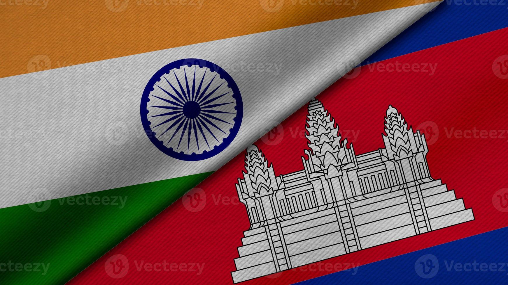 3D Rendering of two flags from india and Kingdom of Cambodia together with fabric texture, bilateral relations, peace and conflict between countries, great for background photo