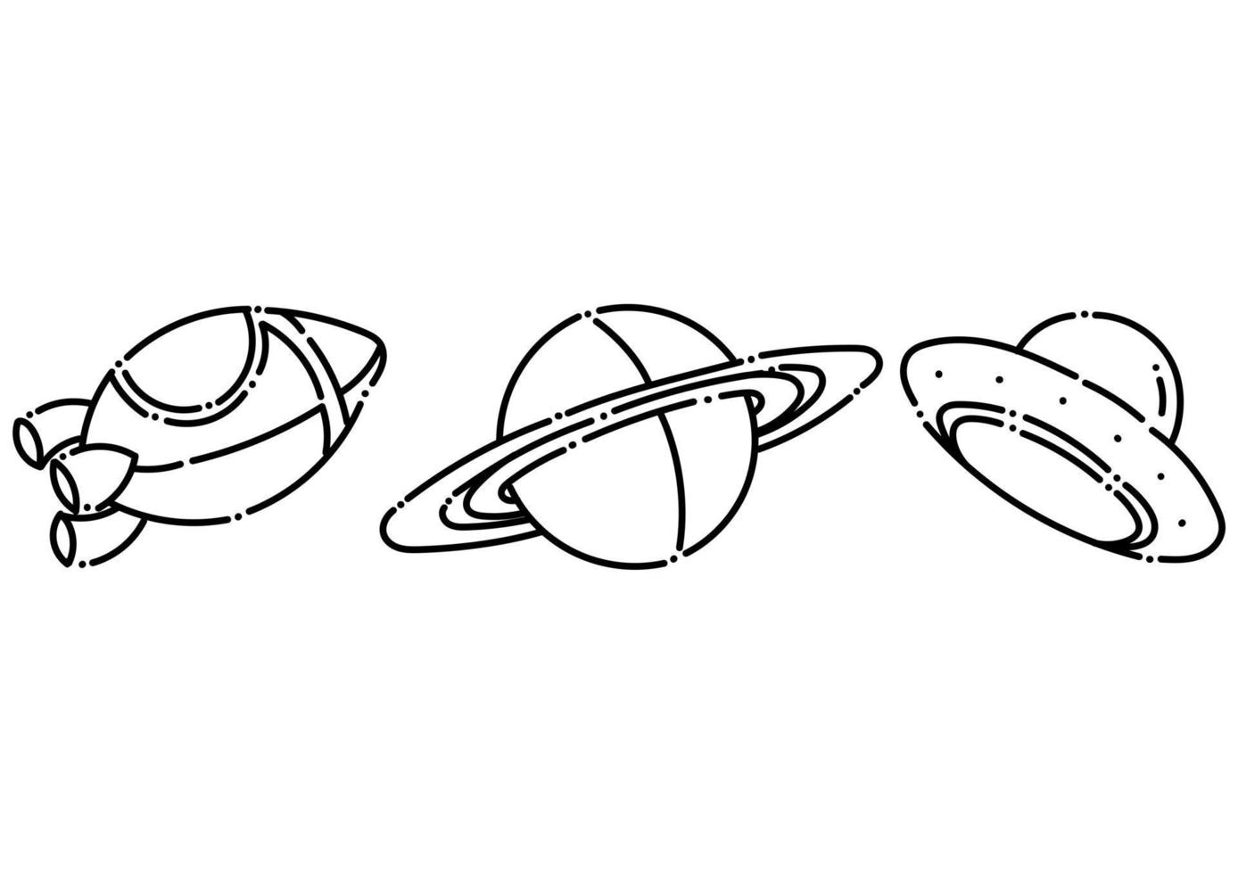 colección de ilustraciones de cohetes, planetas de saturno y ovni al estilo de líneas punteadas vector