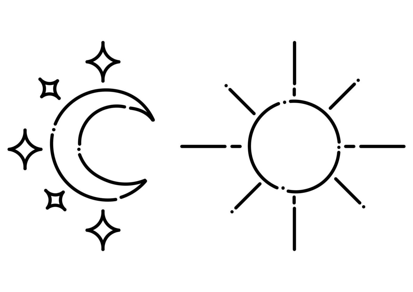 crescent moon and sun illustration in dotted line style vector
