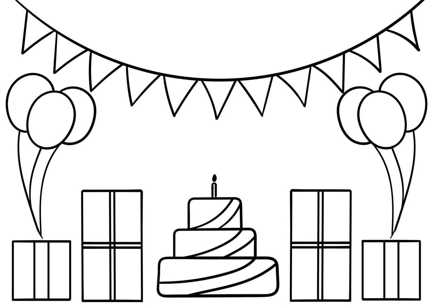 hand drawn birthday cake, gift box and balloons vector