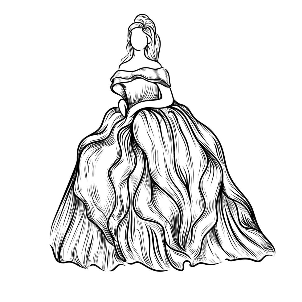 chica en un boceto de vestido. ilustración de moda.ilustración vectorial dibujada a mano aislada en un fondo blanco vector