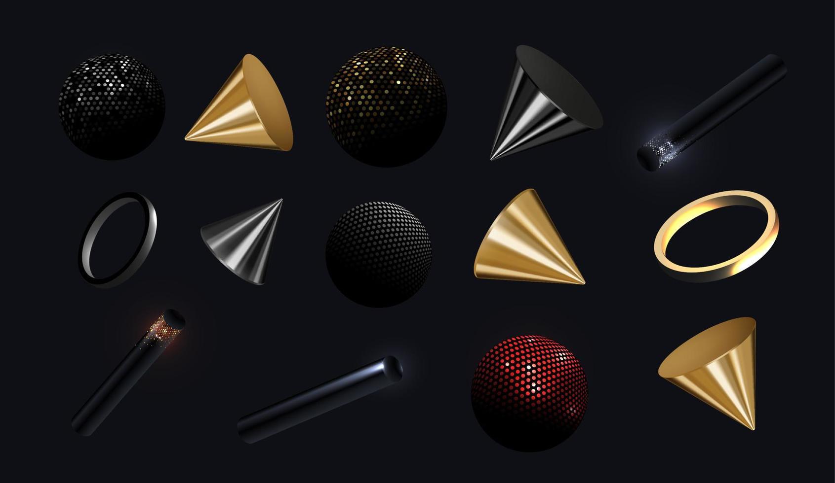 Black and gold geometric shapes of objects on a dark background. Realistic vector geometry elements. Spheres, cones and other geometric shapes