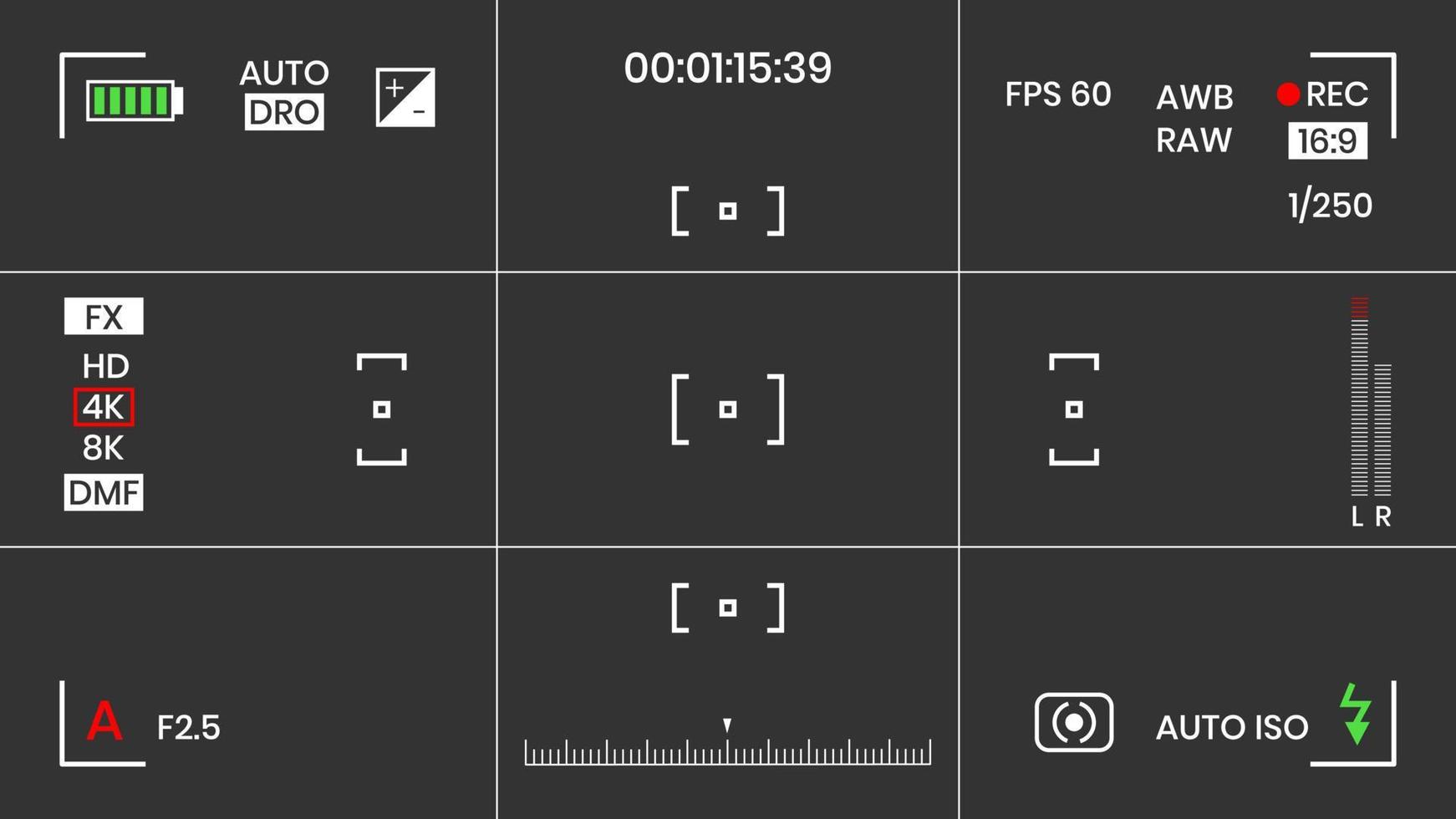 Camera viewfinder video or photo frame recorder flat style design vector illustration. Digital camera viewfinder with exposure settings and focusing grid template.