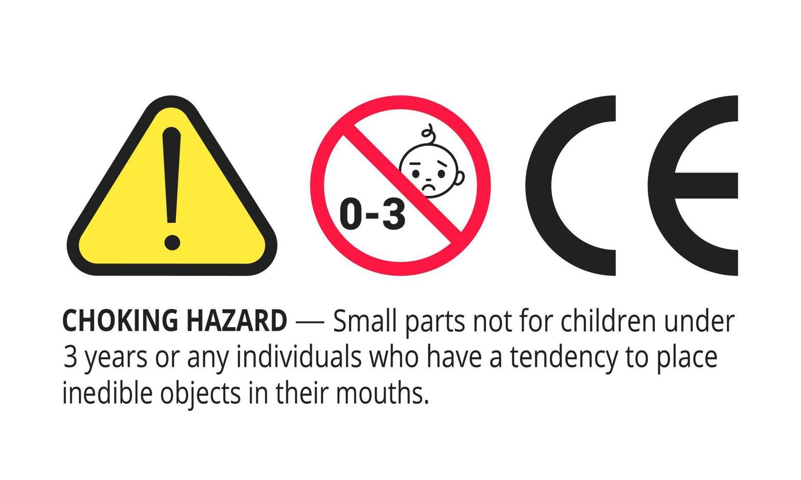 Choking hazard forbidden sign sticker not suitable for children under 3 years isolated on white background vector illustration. Warning triangle, sharp edges and small parts danger.