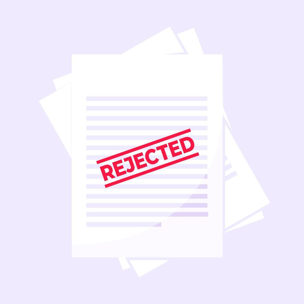Rejected claim or credit loan form on it, paper sheets and rejected stamp flat style design vector illustration.