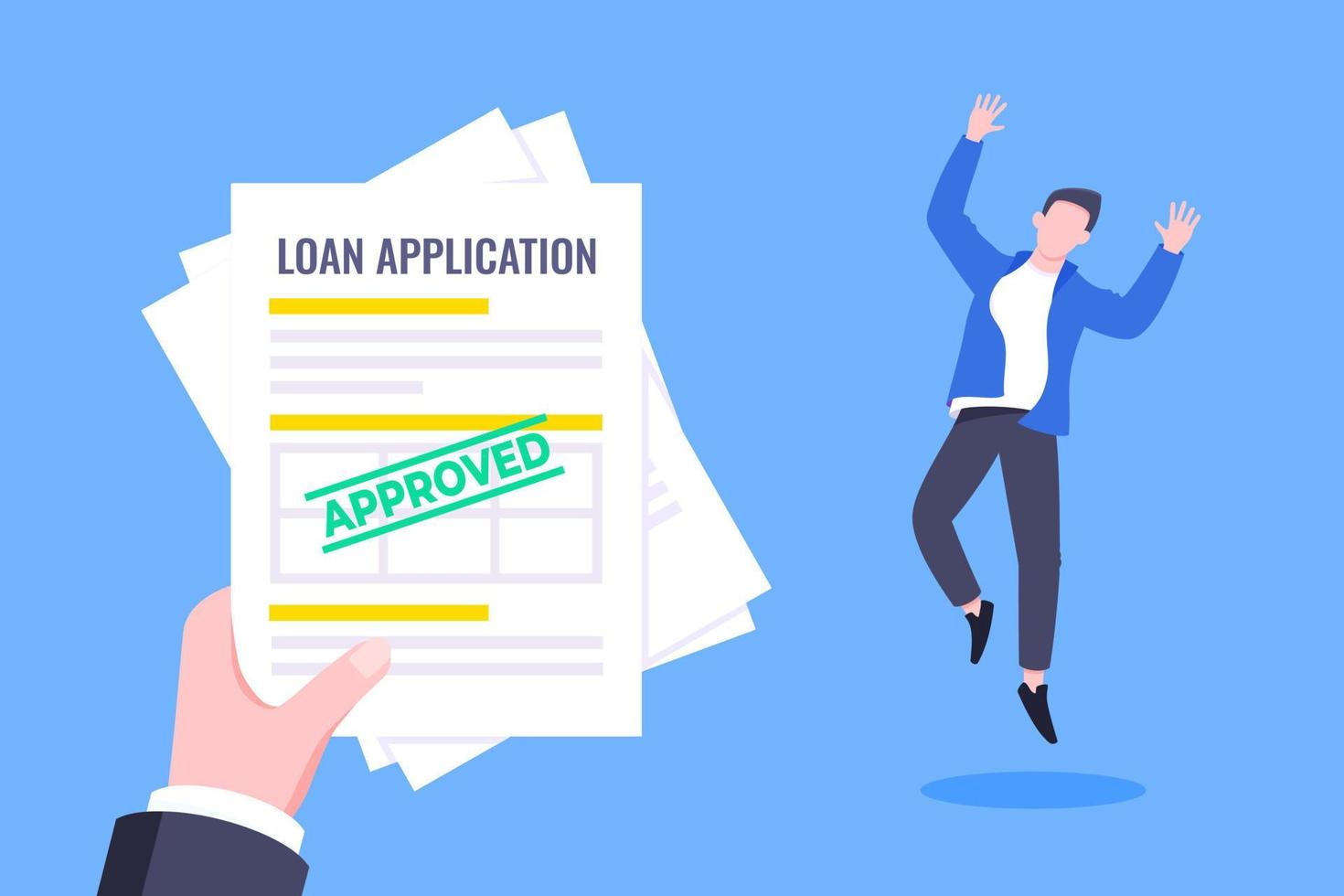 Hand holds loan approval application paper sheets document. vector