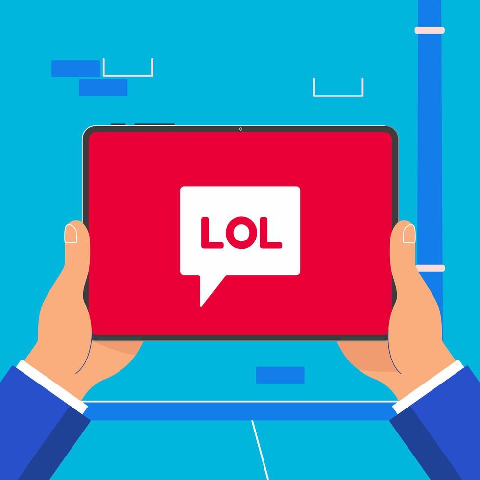 Hand holding black tablet device isolated on wall background. Pad tablet on human's hand with lol word icon symbol sign on the screen flat design vector illustration. Concept of chatting in bubbles.