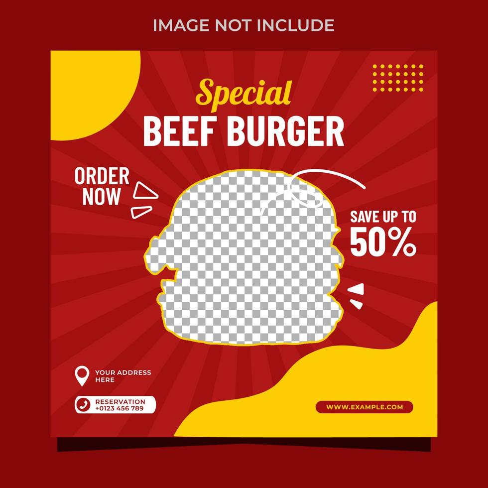 diseño de publicación de redes sociales cuadrada de banner de hamburguesa de carne especial vector