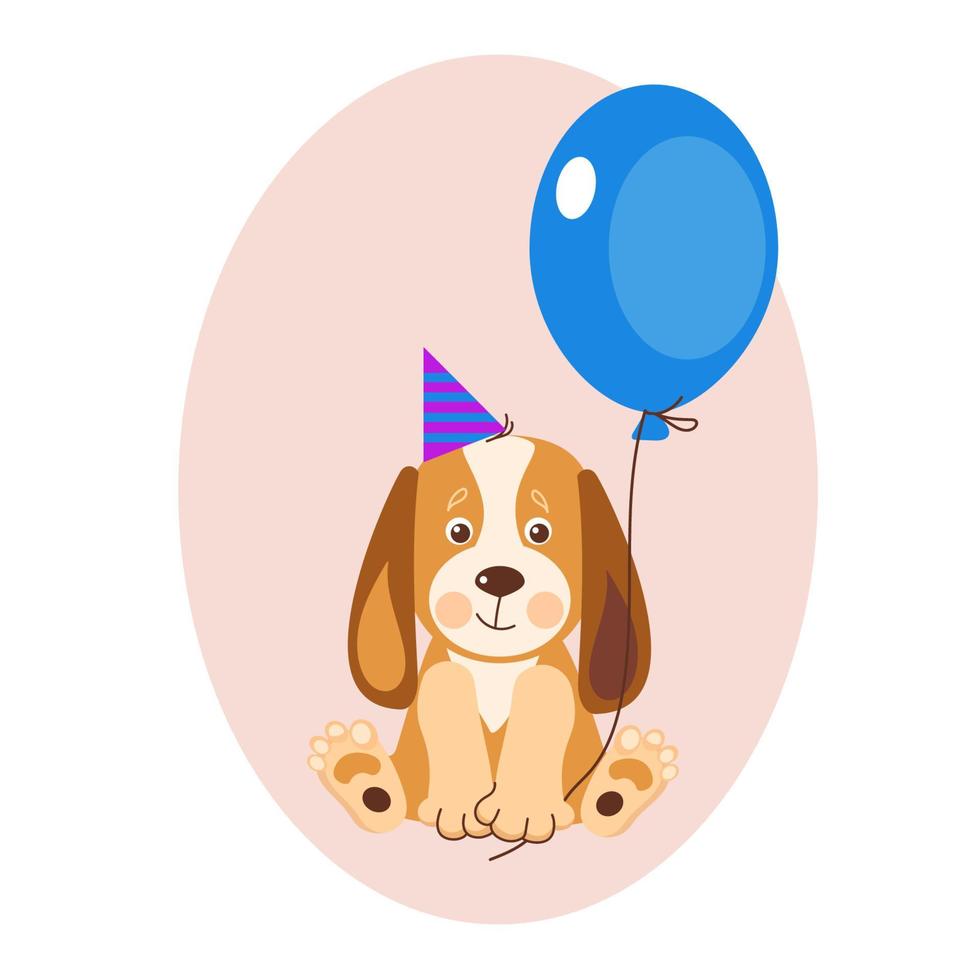 Happy Birthday greeting card with cute dog puppy and balloon. Cartoon vector illustration