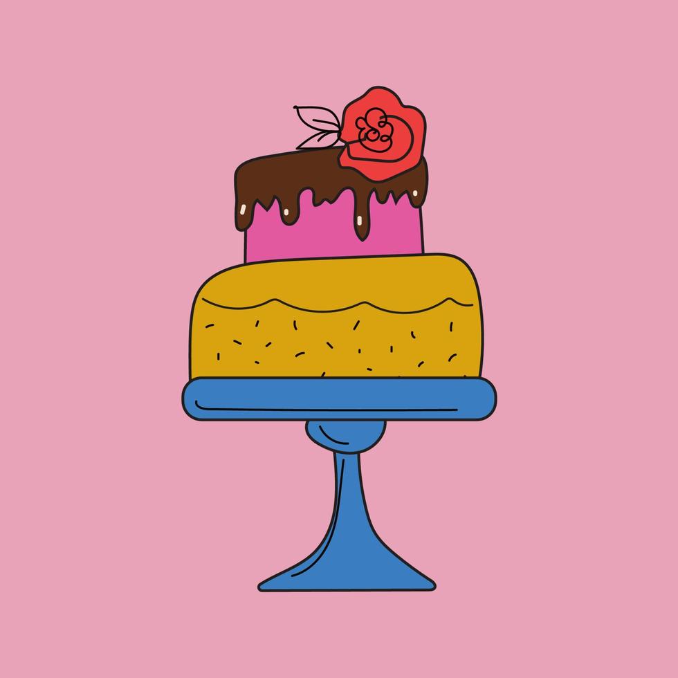 Cake Stand , 1970 groovy, Happy birthday card, chocolate cream desserts, vector art