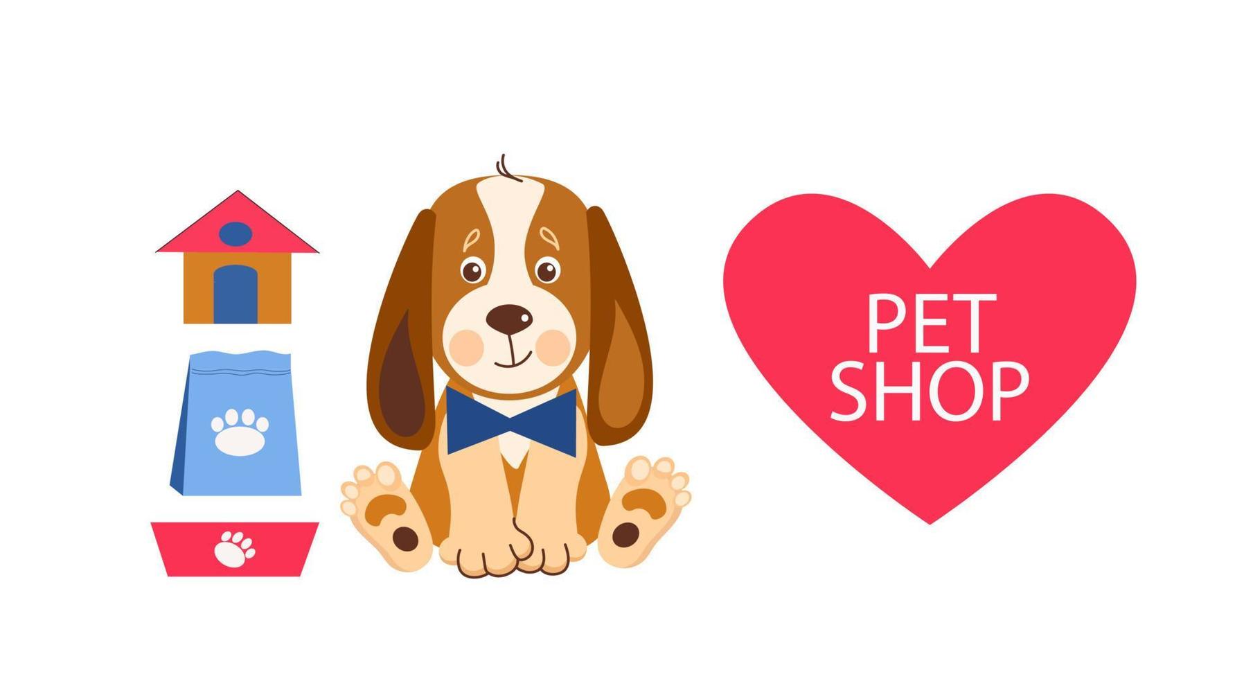 plantilla de diseño de banner de tienda de mascotas. ilustración de dibujos animados vectoriales de gatos, perros, casa, comida. vector