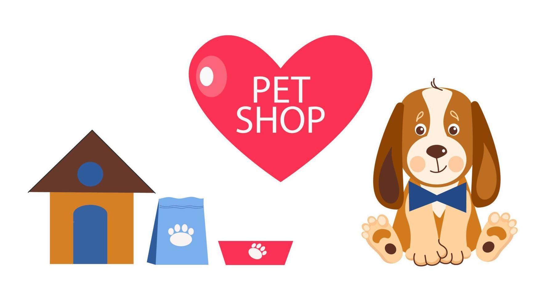 Pet shop banner design template. Vector cartoon illustration of cats, dogs, house, food.