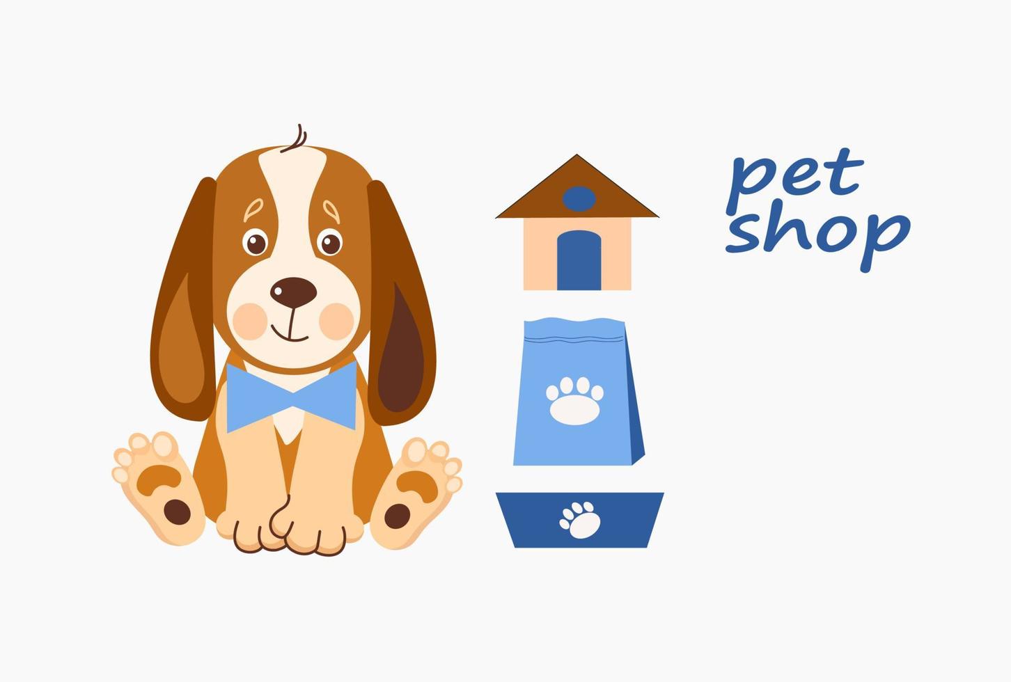 Pet shop banner design template. Vector cartoon illustration of cats, dogs, house, food.