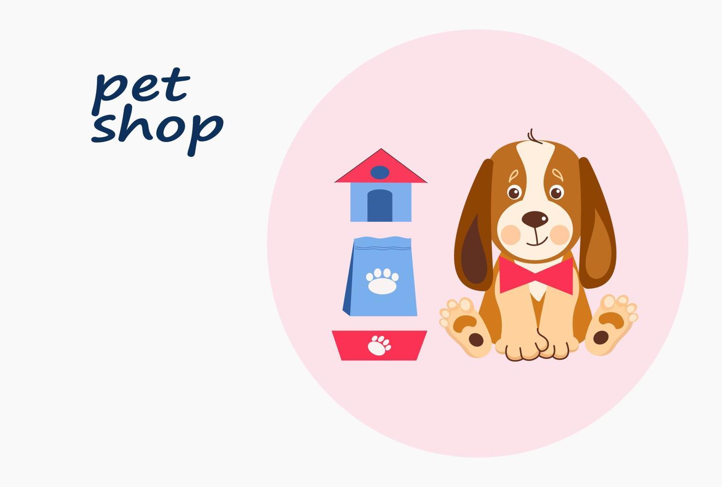 Pet shop banner design template. Vector cartoon illustration of cats, dogs, house, food.