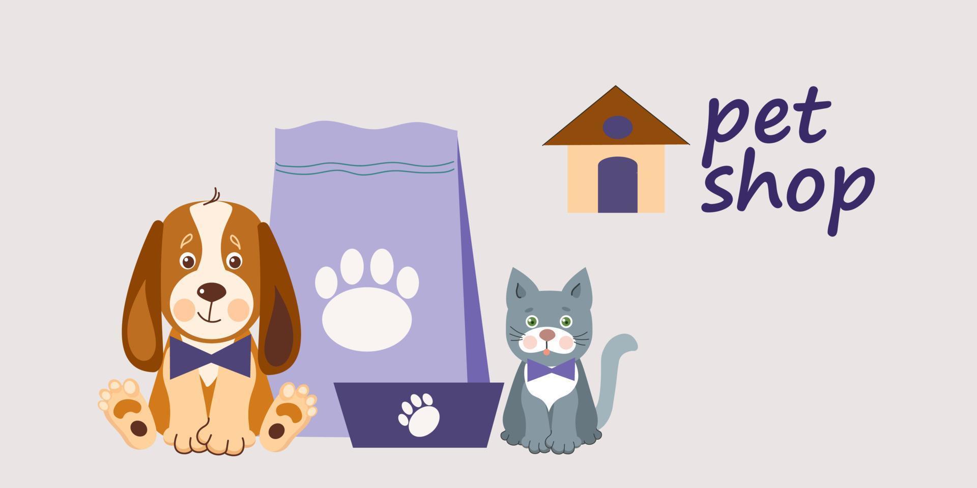 Pet shop banner design template. Vector cartoon illustration of cats, dogs, house, food