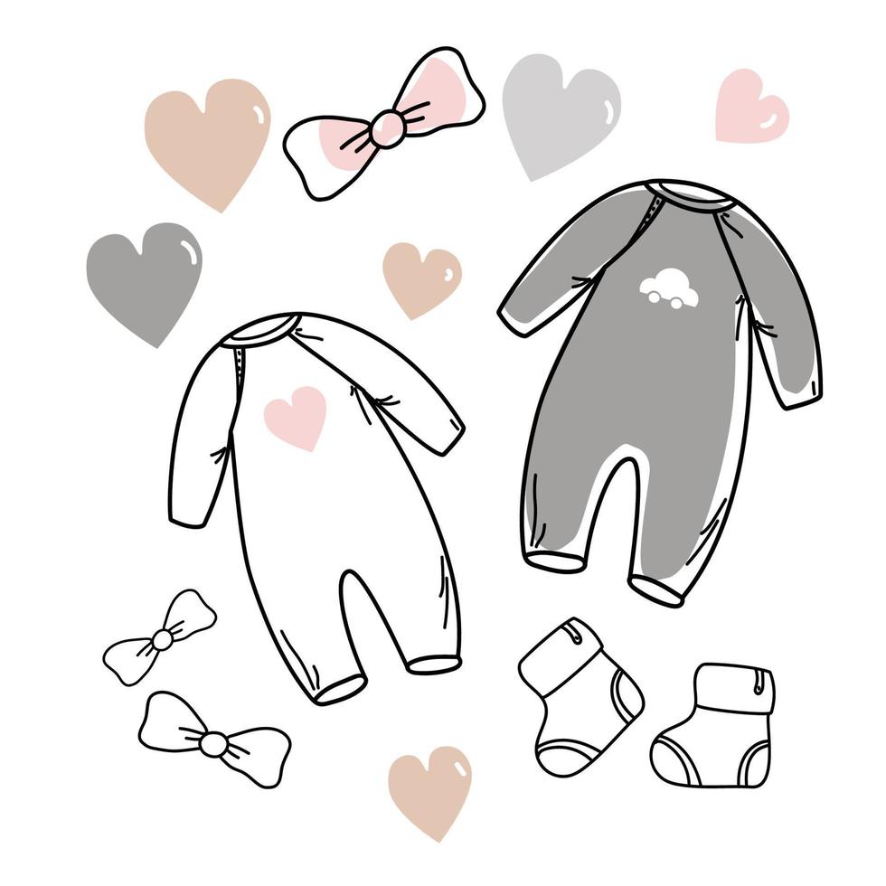 Set of hand drawn baby girl and boy. Cartoon sketch style doodle for icon, banner. Elements little girls clothes. vector