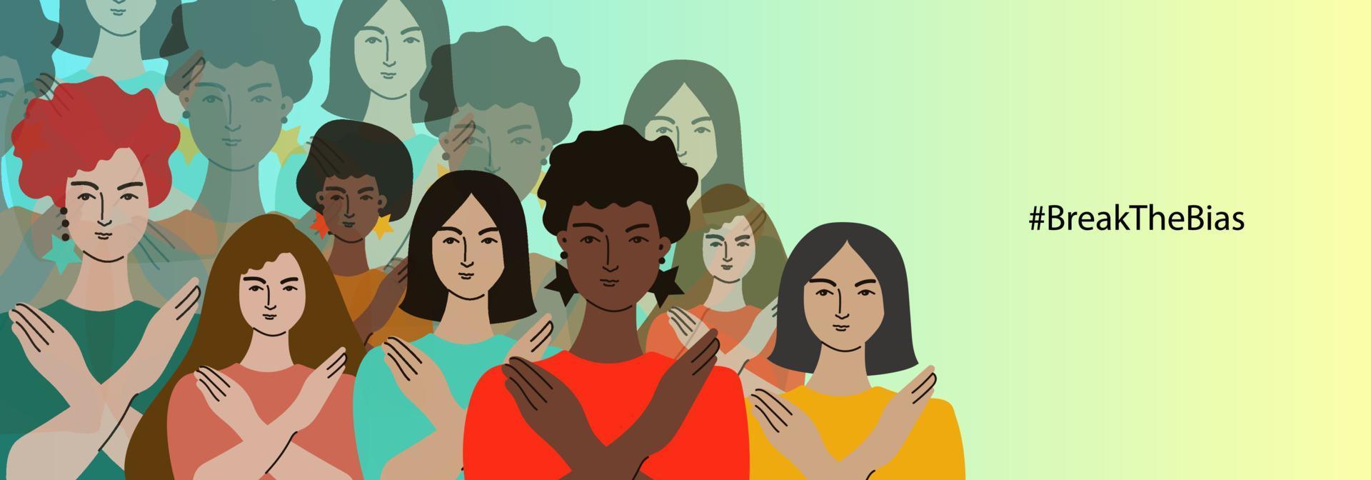 Break the bias. Women's Movement against discrimination.Womens day. Vector horizontal banner