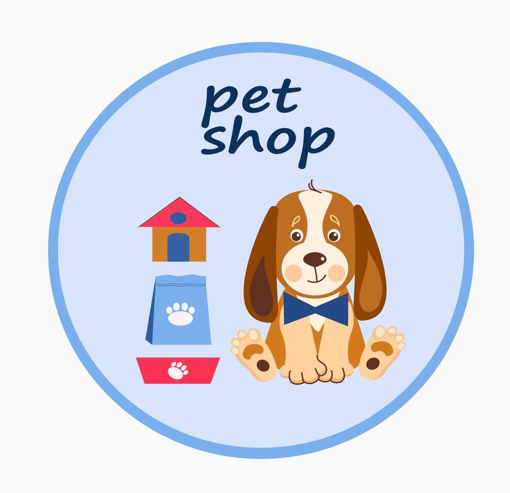 Pet shop banner design template. Vector cartoon illustration of cats, dogs, house, food.