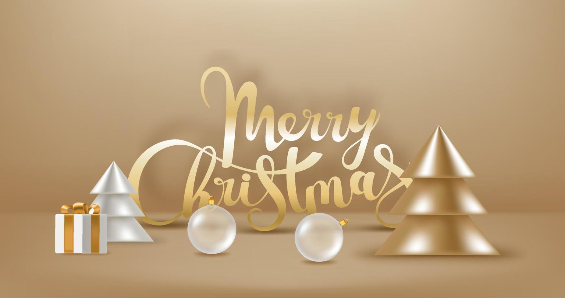 Christmas composition with lettering inscription and decor. 3d vector banner with copy space