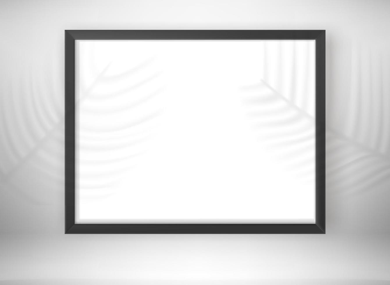 Empty black frame in interior with palm leaves shadows. 3d vector mockup