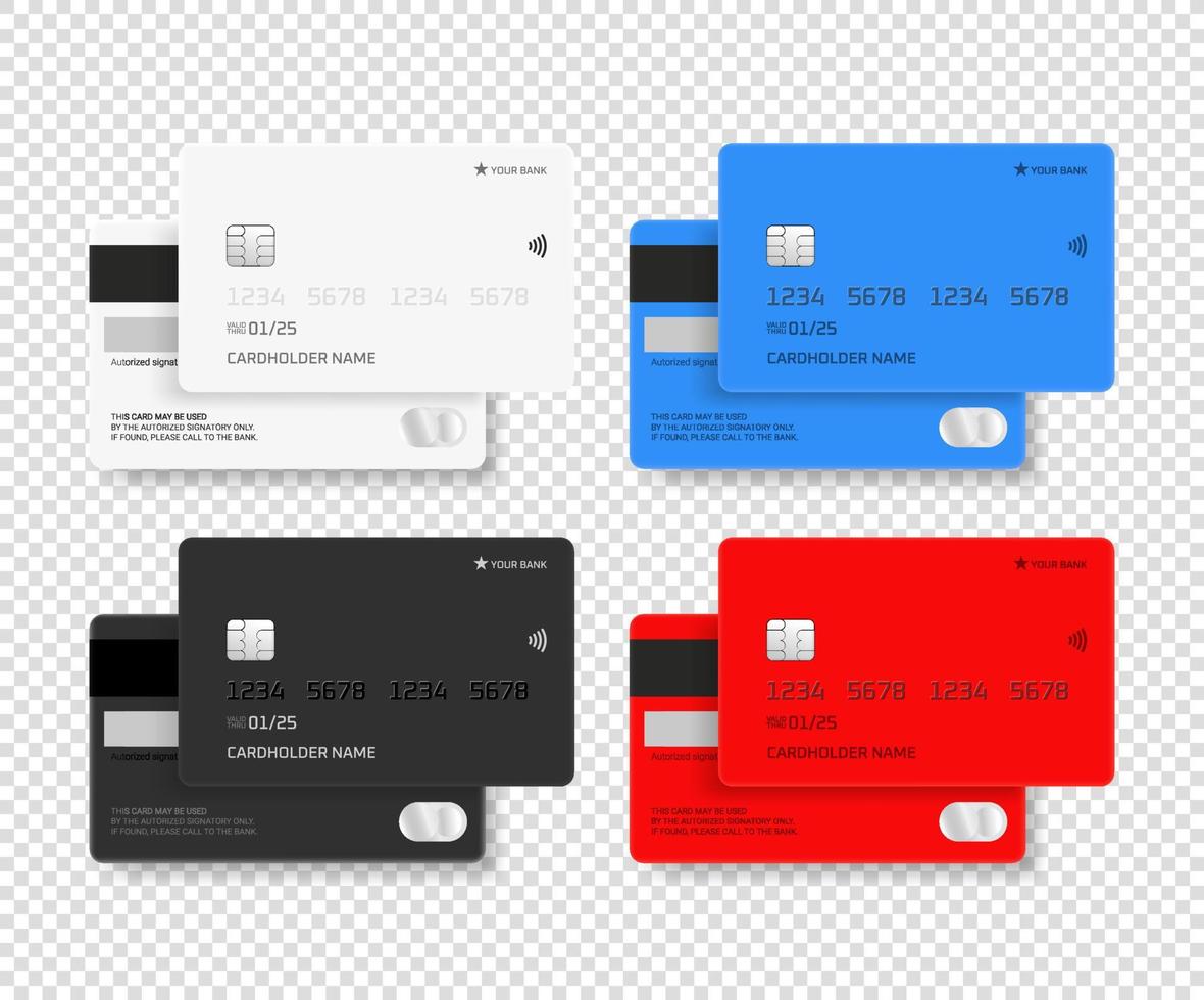 Different color plastic business cards collection. 3d vector mockup isolated on transparent background