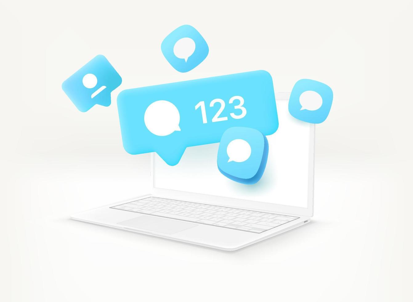 Using social media network communication via modern laptop. 3d vector illustration