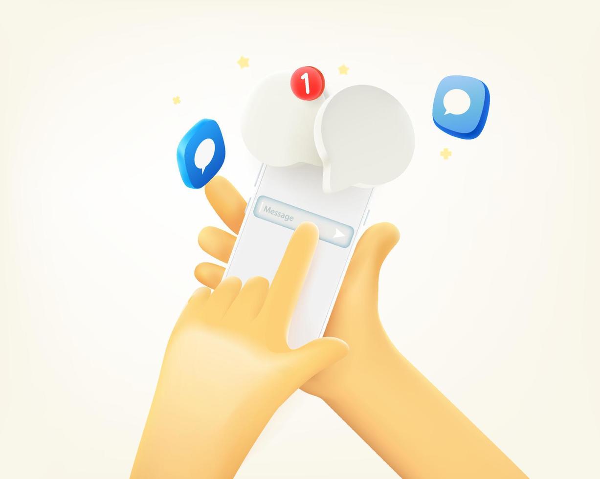Man writing a message via mobile phone. 3d vector illustration