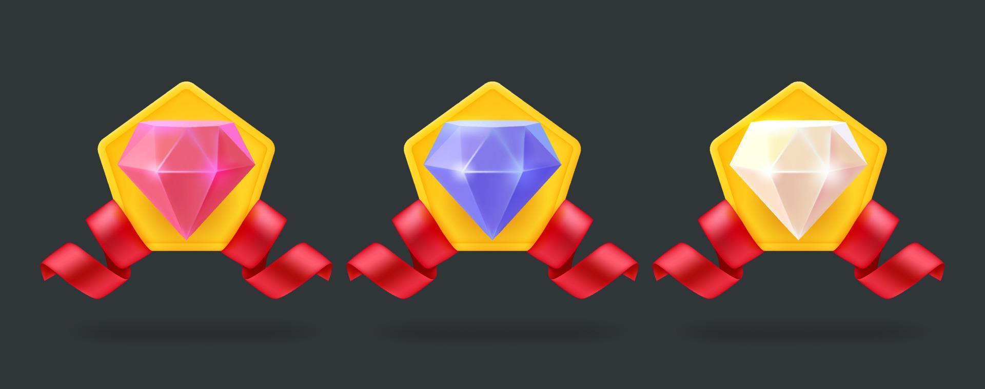 Badges with color gems and ribbons. 3d vector elemets set