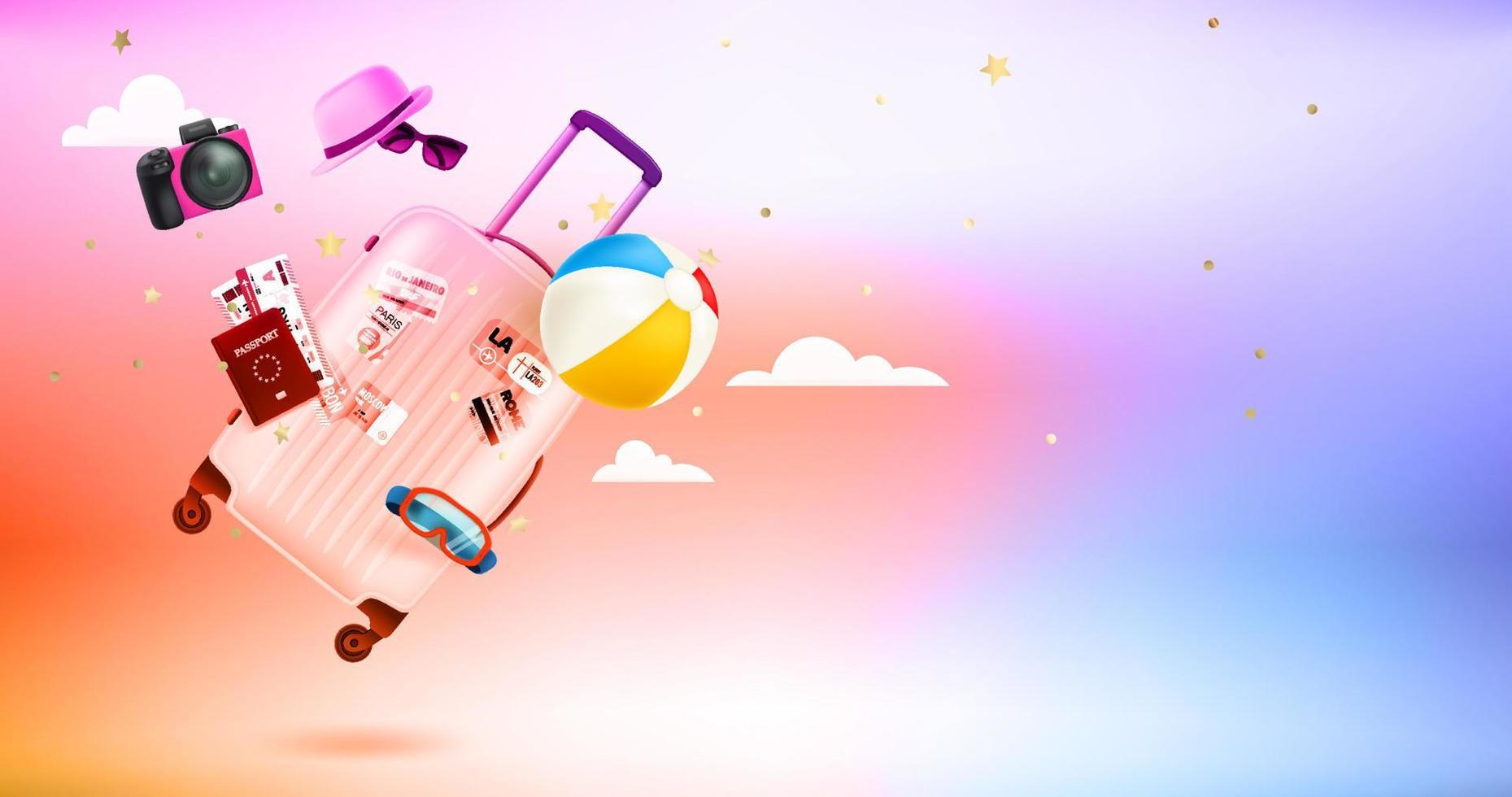 Modern bag with different travel stuff. Levitation effect. 3d vector banner with copy space