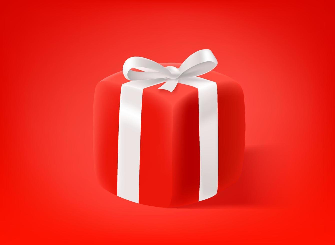 Red gift box with white ribbon on red backgrond. 3d vector illustration