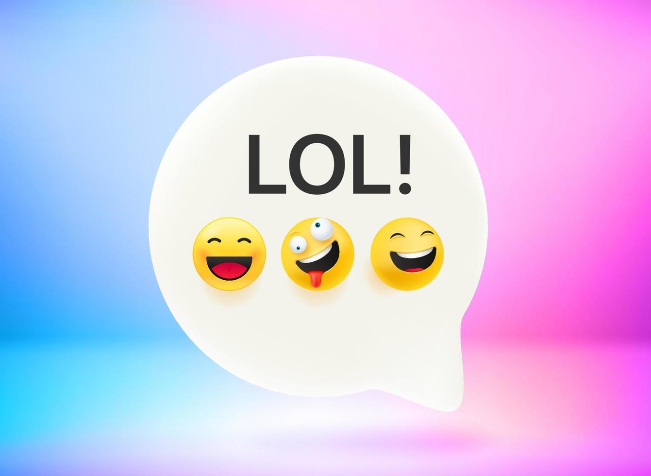 LOL message concept. Chat bubble with cute emojis. Vector 3d illustration