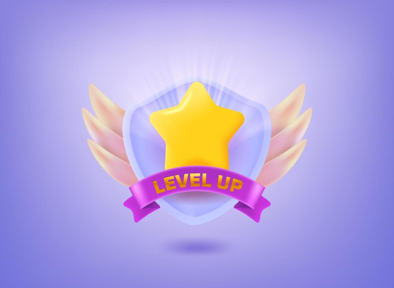 Level up concept. Rating badge 3d vector illustration with golden star, ribbon and shield