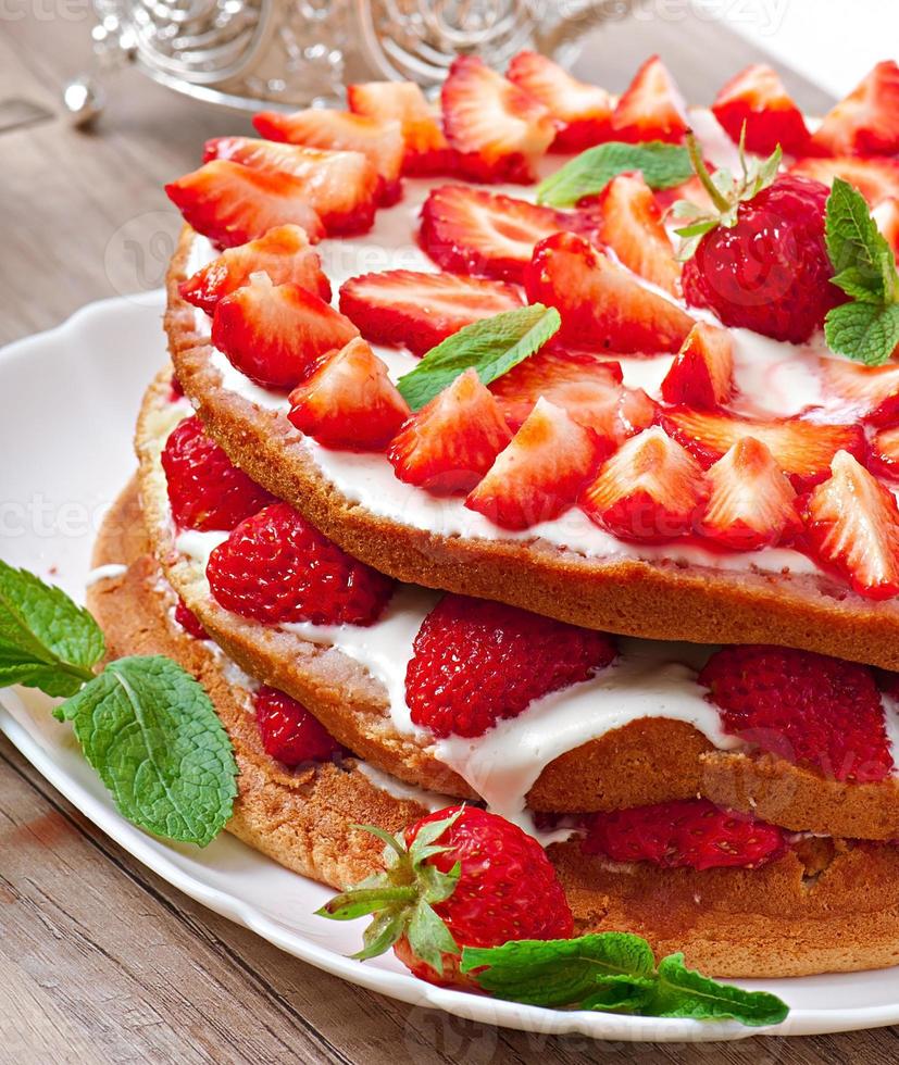 Summer strawberry cake in the form of a rustic photo