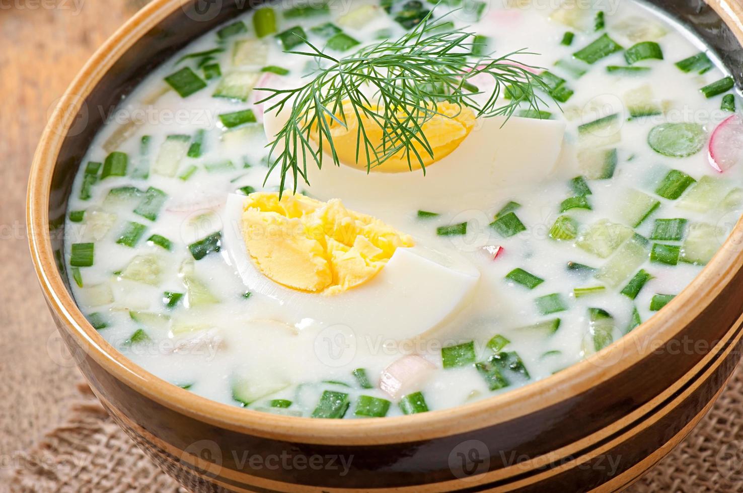 Cold vegetable kefir soup with eggs and greens photo