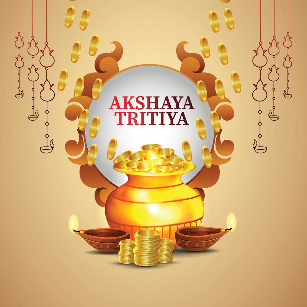 Decorative celebration greeting card with gold coin pot vector