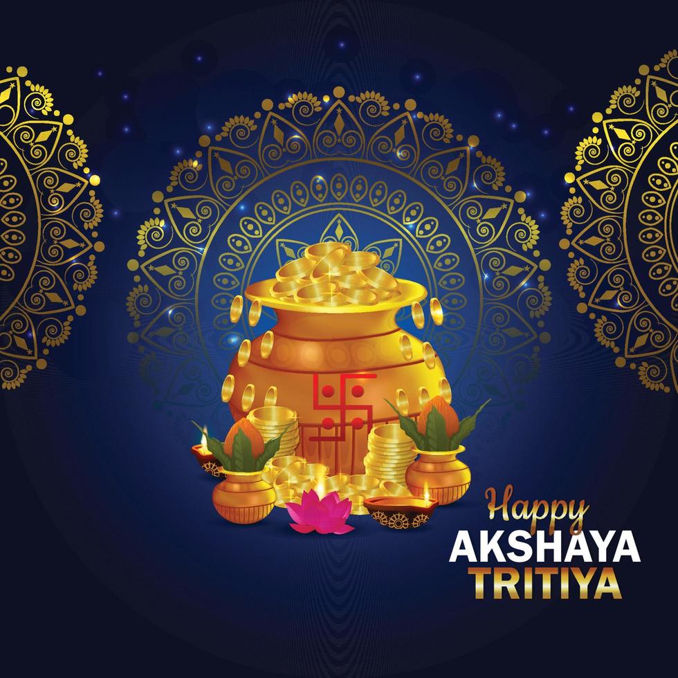feliz celebración del día de akshaya tritiya con olla de monedas de oro vector