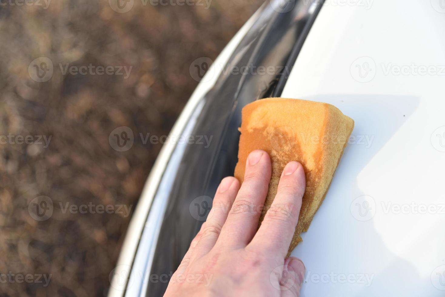 lavar un auto blanco con una esponja a mano foto