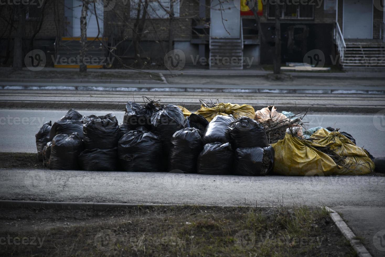 contenedores de basura y bolsas con basura en la calle foto