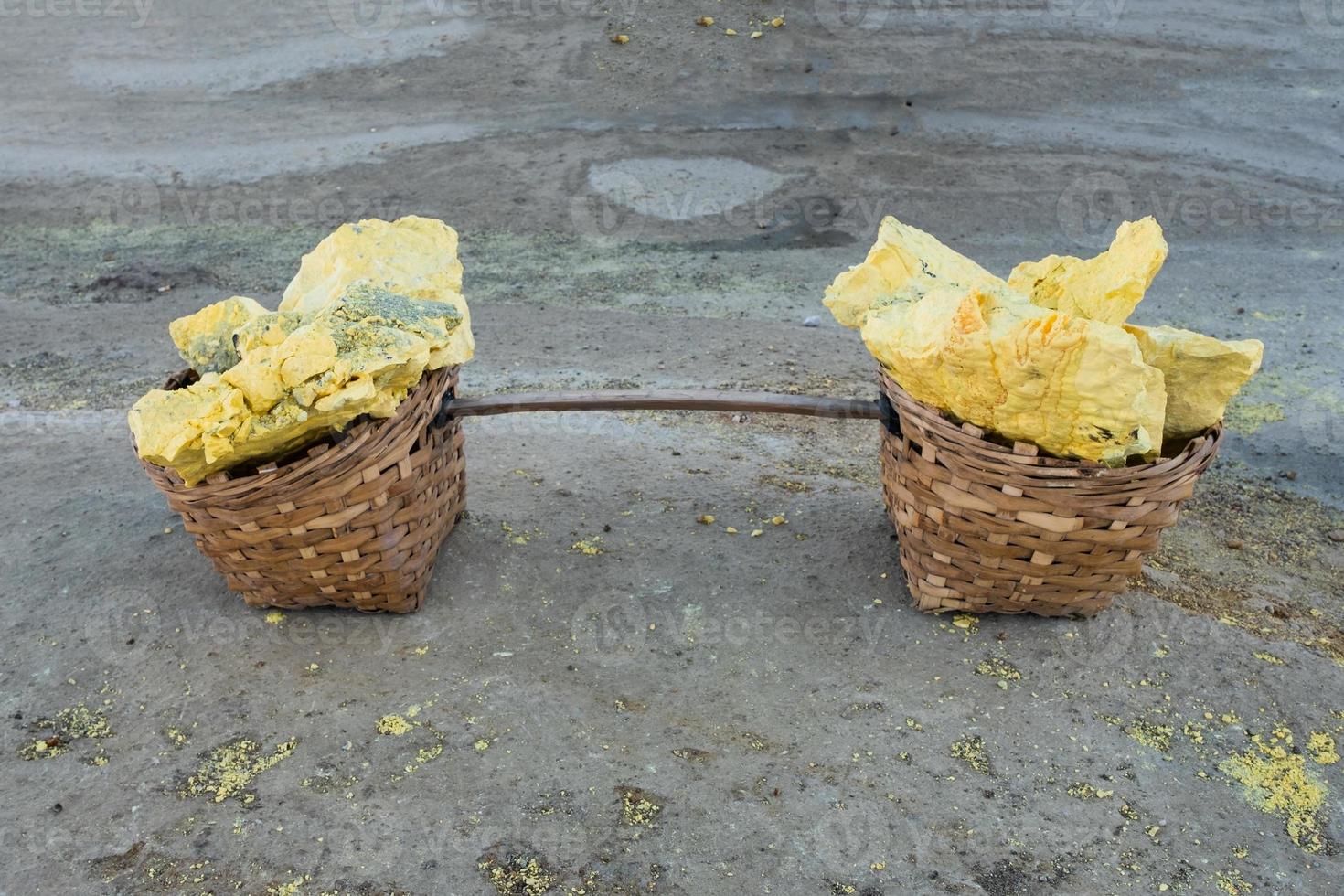 Yellow Sulphur cracked piece on wooden basket photo