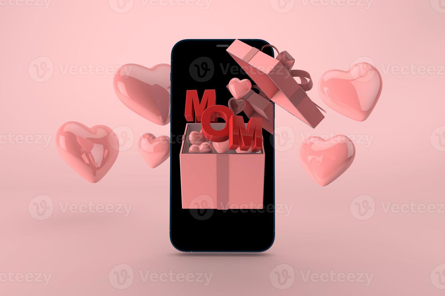 Happy mothers day concept. Mom text with gift box and smartphone. 3D render digital love photo