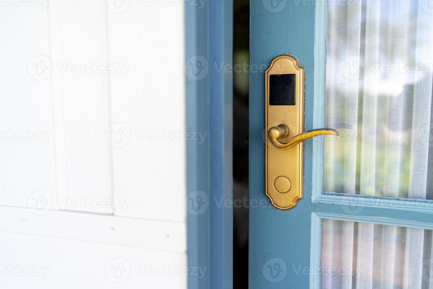 Blue wooden glass vingate style with digital door lock photo